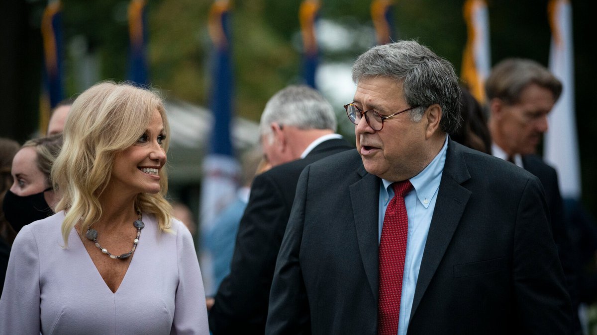 Attorney General William P. Barr and Kellyanne Conway at the White House reception for Supreme Court nominee, Judge Amy Coney Barrett, last Saturday.